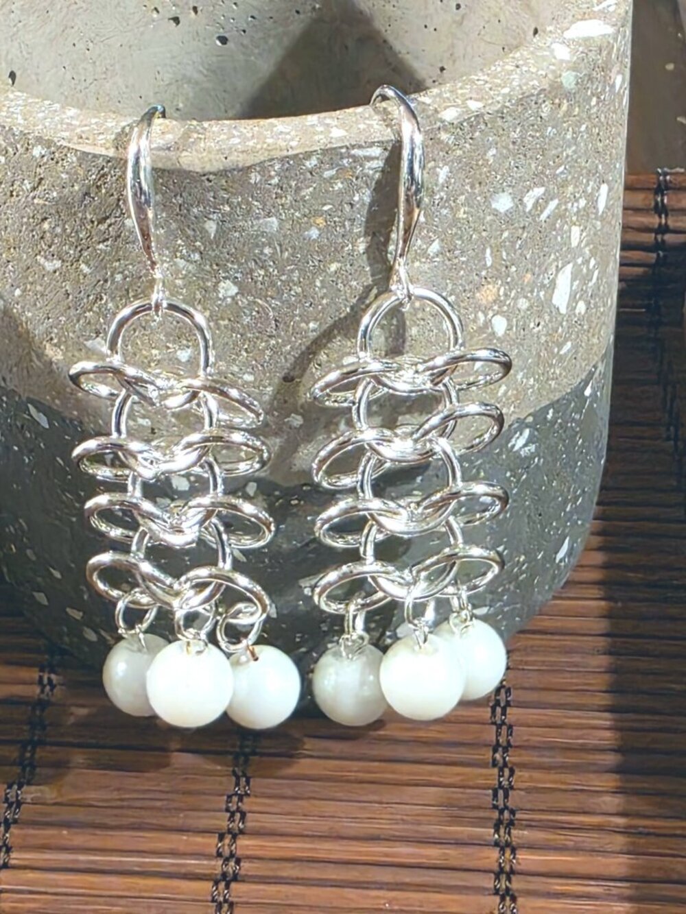 Edgy Snow White Glass Pearls Sterling Silver Plated Chainmaille Earrings